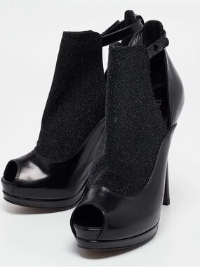 Fendi Leather Black High Heel Booties with Sparkle Textile